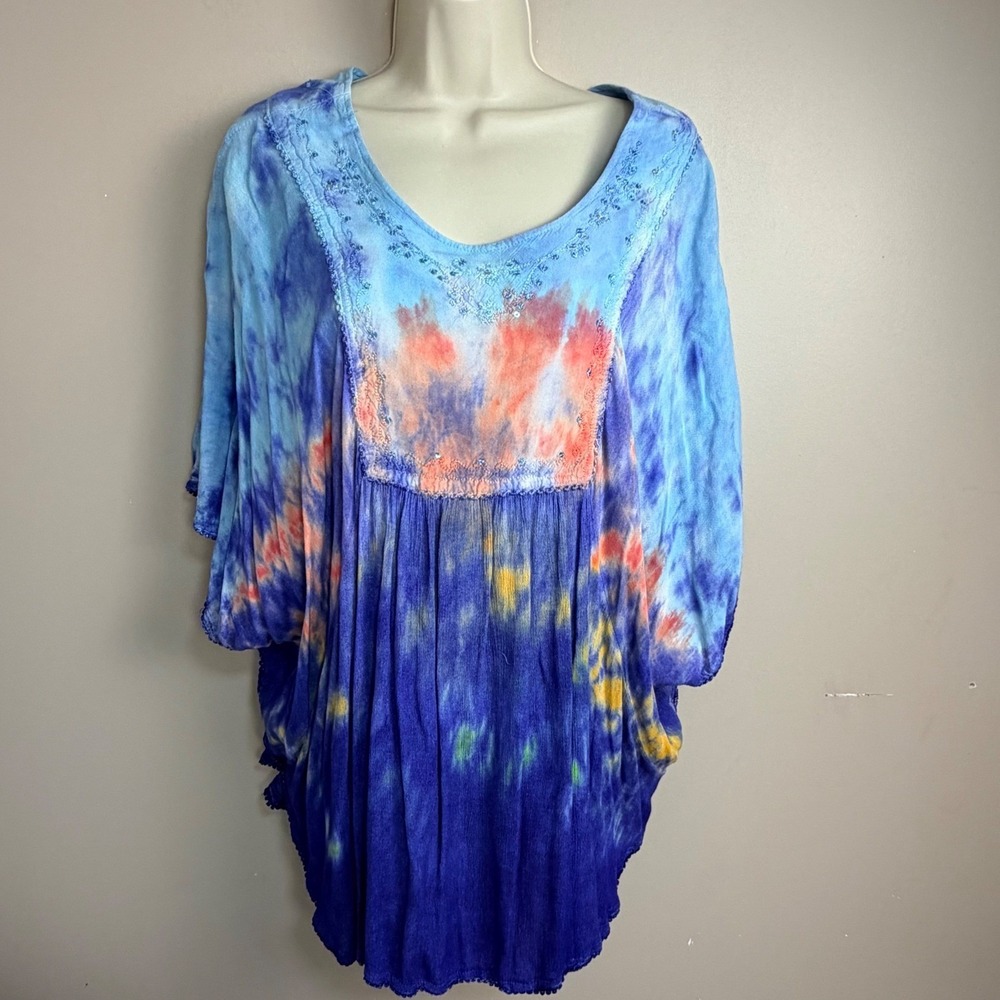 Sakkas Blue Tie Dye Embroidered Sequin Rayon Poncho Top One‎ Size Womens Boho
